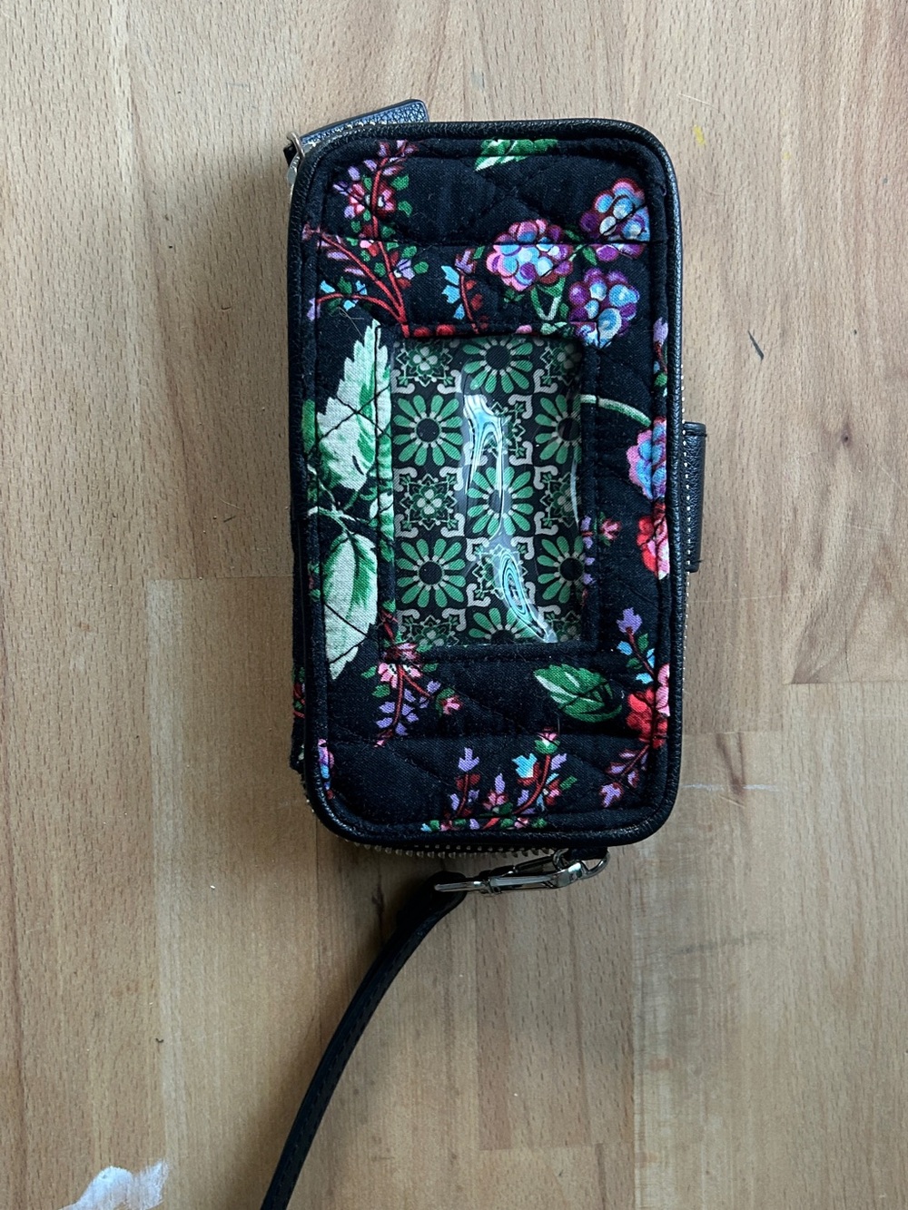Vera Bradley Black Quilted Floral Wristlet Phone Wallet with Green Accents